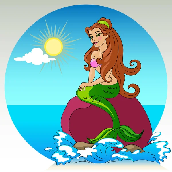 Meerjungfrau Sitzt Auf Einem Felsen Meer Die Sonne Scheint Wellen — Stockvektor