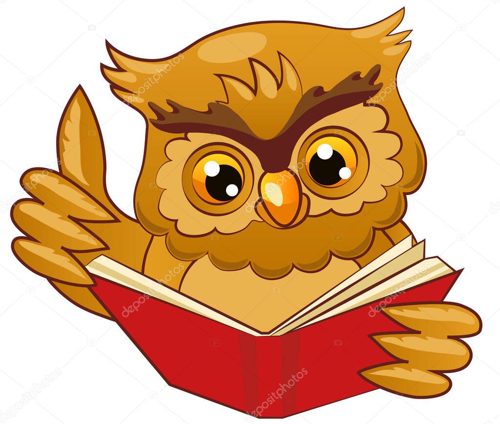 the owl with the red book raised its wing like a forefinger