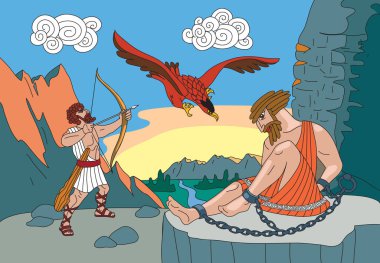 Olimpos Tanrıları. Herkül, Prometheus 'un karaciğerini bir kayaya zincirlenmiş halde ısıran bir kartalı öldürür.