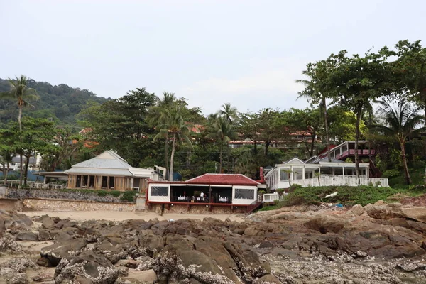 Latar Belakang Dan Pemandangan Laut Rumah Dan Pohon Batu Batu — Stok Foto