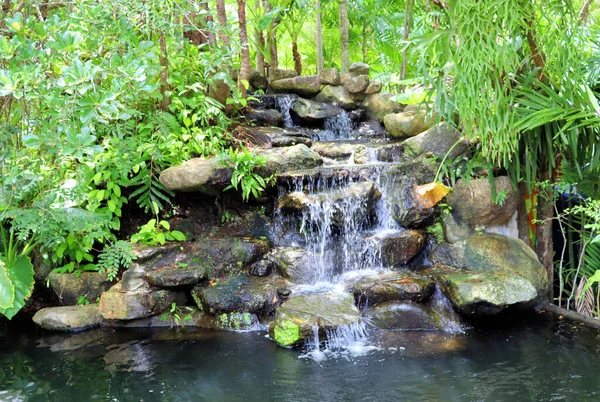 热带公园的设计 喷泉和有瀑布的池塘 — 图库照片
