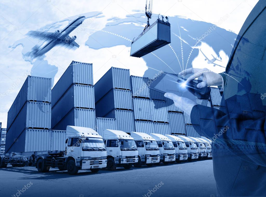 business with tablet of worldwide cargo transport or global business commerce concept or import-export commercial logistic ,shipping business (Elements of this image furnished by NASA)