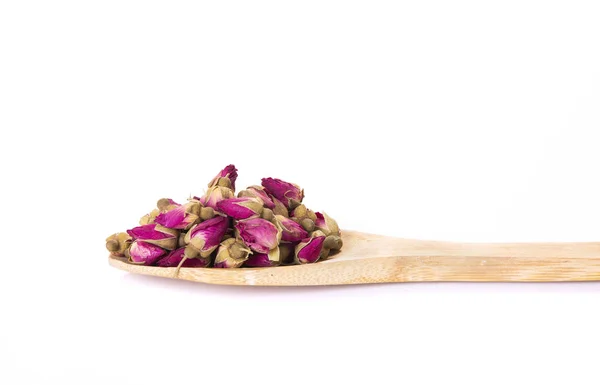 Flower Tea Rose Knoppar Med Träsked Isolerad Vit Bakgrund Blommor — Stockfoto