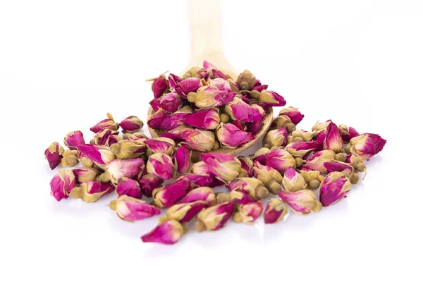 Flower Tea Rose Knoppar Med Träsked Isolerad Vit Bakgrund Blommor — Stockfoto
