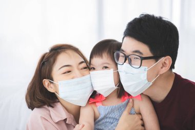 Yüzünde tıbbi maskeler olan Asyalı aile, PM2.5 toz, duman, hava kirliliği ve COVID-19 'u önlemek için oturma odasında dururken kameraya bakıyor. Sağlık hizmetleri kavramı.