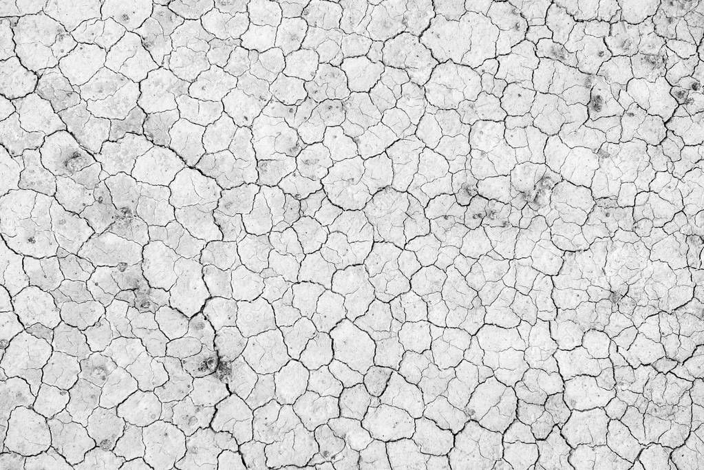 Black and white image of crack soil texture background.