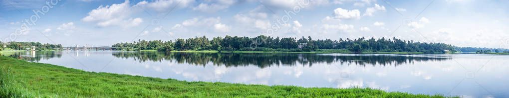 Panoramic river view in Kerala, India.