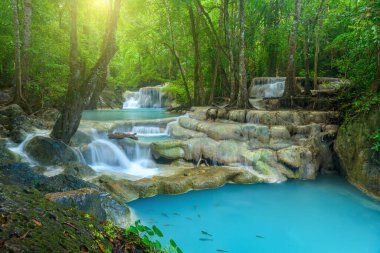Tayland 'daki Erawan Ulusal Parkı' nda ormanın derinliklerinde güzel bir şelale..