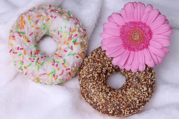 İki donut ile beyaz battaniye üzerinde pembe gerbera