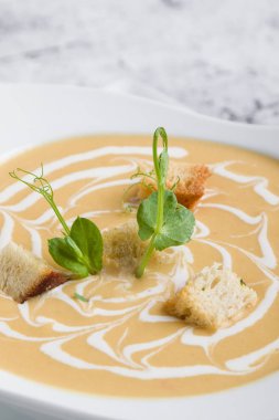 ekmek crums beyaz plaka ile taze sebze krem çorbası