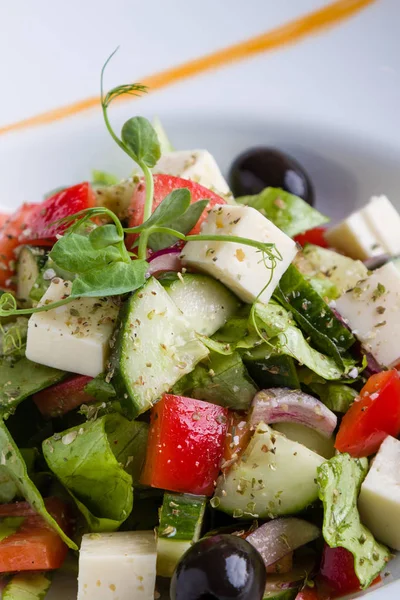 Aperitivo Ensalada Griega Sabrosa Fresca Plato Blanco — Foto de Stock