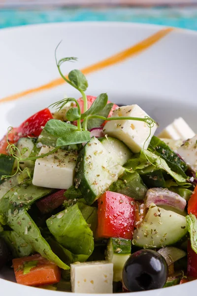 白いプレートに新鮮なおいしいギリシャ風サラダ前菜 — ストック写真
