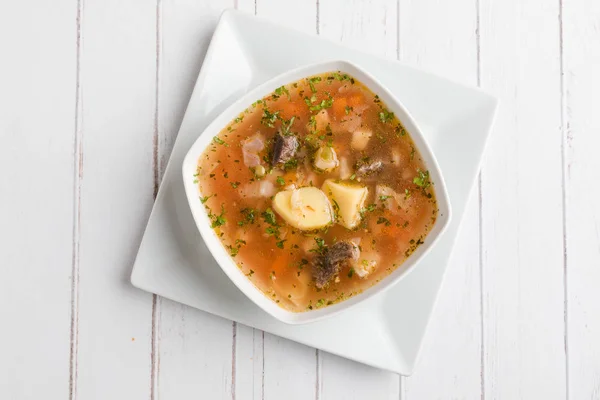 Frische Leckere Traditionelle Eintopfsuppe Weißer Schüssel Stockfoto