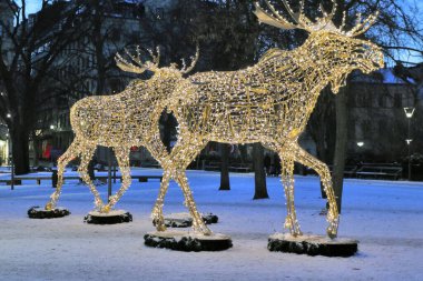 STOCKHOLM, SWEDEN - 24 Aralık 2018 'de Stockholm' de, Opera Binası civarında, bu parlayan geyik grubu Noel tatilleri boyunca görülebilir.