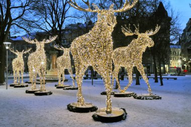 STOCKHOLM, SWEDEN - 24 Aralık 2018 'de Stockholm' de, Opera Binası civarında, bu parlayan geyik grubu Noel tatilleri boyunca görülebilir.