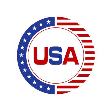 Kırmızı ve mavi vatansever Amerikan rozetleri ve bayraklı etiketler