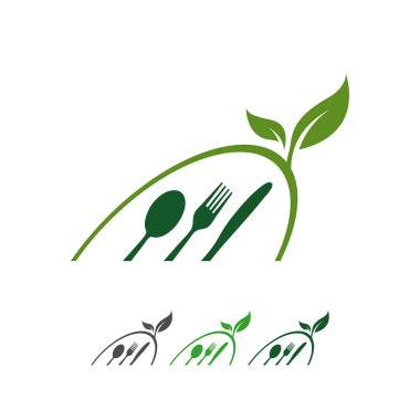 vegan logosu kaşık çatal ve yaprak gra ile vejetaryen vektör simgesi