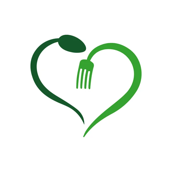 Ícone do vetor do logotipo vegetariano vegan com garfo de colher e gráfico de folhas — Vetor de Stock