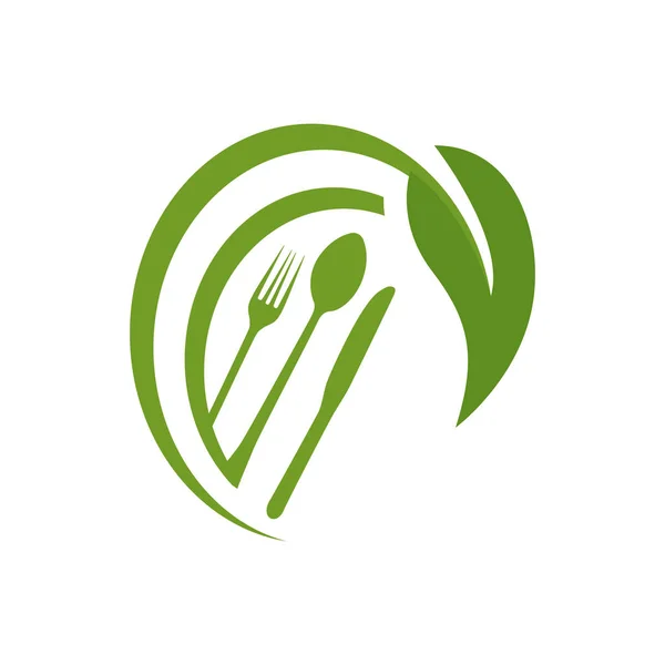 Logotipo vegan um ícone vetor vegetariano com garfo colher e folha gra — Vetor de Stock