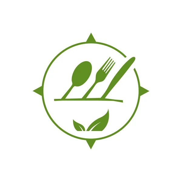 Logotipo vegan um ícone vetor vegetariano com garfo colher e folha gra — Vetor de Stock