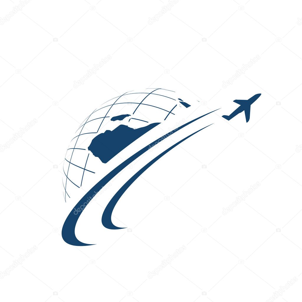 Travel globe and airplane logo vector icon illustrations