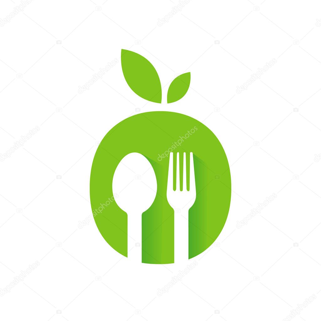 Vegan vegetarian symbol of leaf Spoon and Fork Abstract logo Vector Graphic food icon
