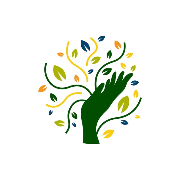 손과 녹색 잎 환경 친화적 인 로고 디자인 벡터 아이콘 illu — 스톡 벡터