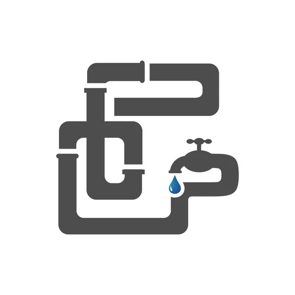 Sanitaria plomería logotipo símbolo icono de la tubería y gota de agua en whi — Vector de stock