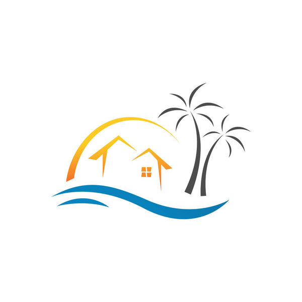 шаблон дизайна логотипа тропического летнего домика на пляже
