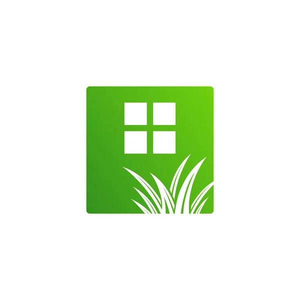 Zahradničení krajinářství logo design vektorový trávník a dům Illustra — Stockový vektor