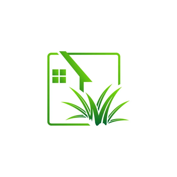 Jardinagem paisagismo logotipo design vetor gramado e casa illustra —  Vetores de Stock