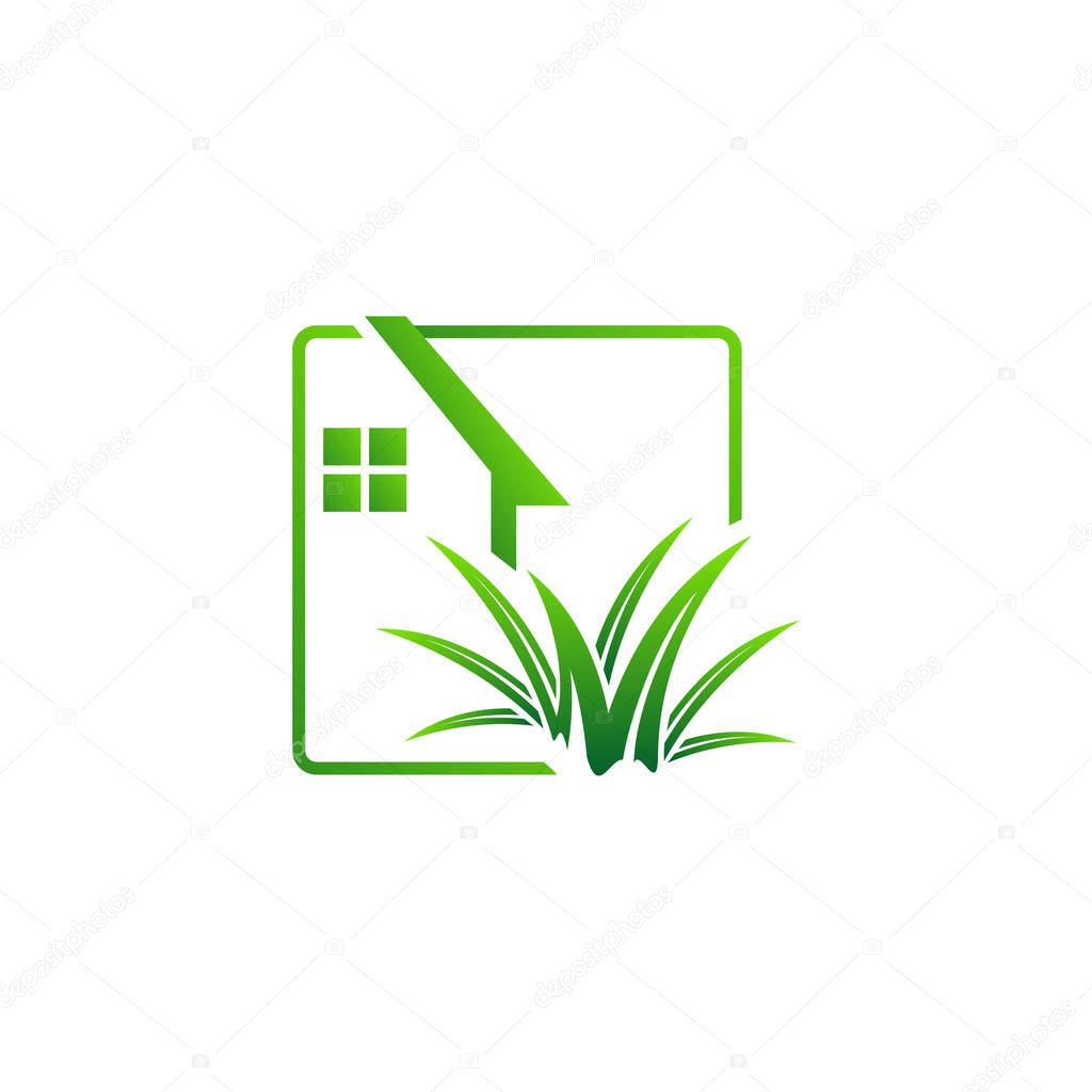 gardening landscaping logo design vector lawn and house illustra