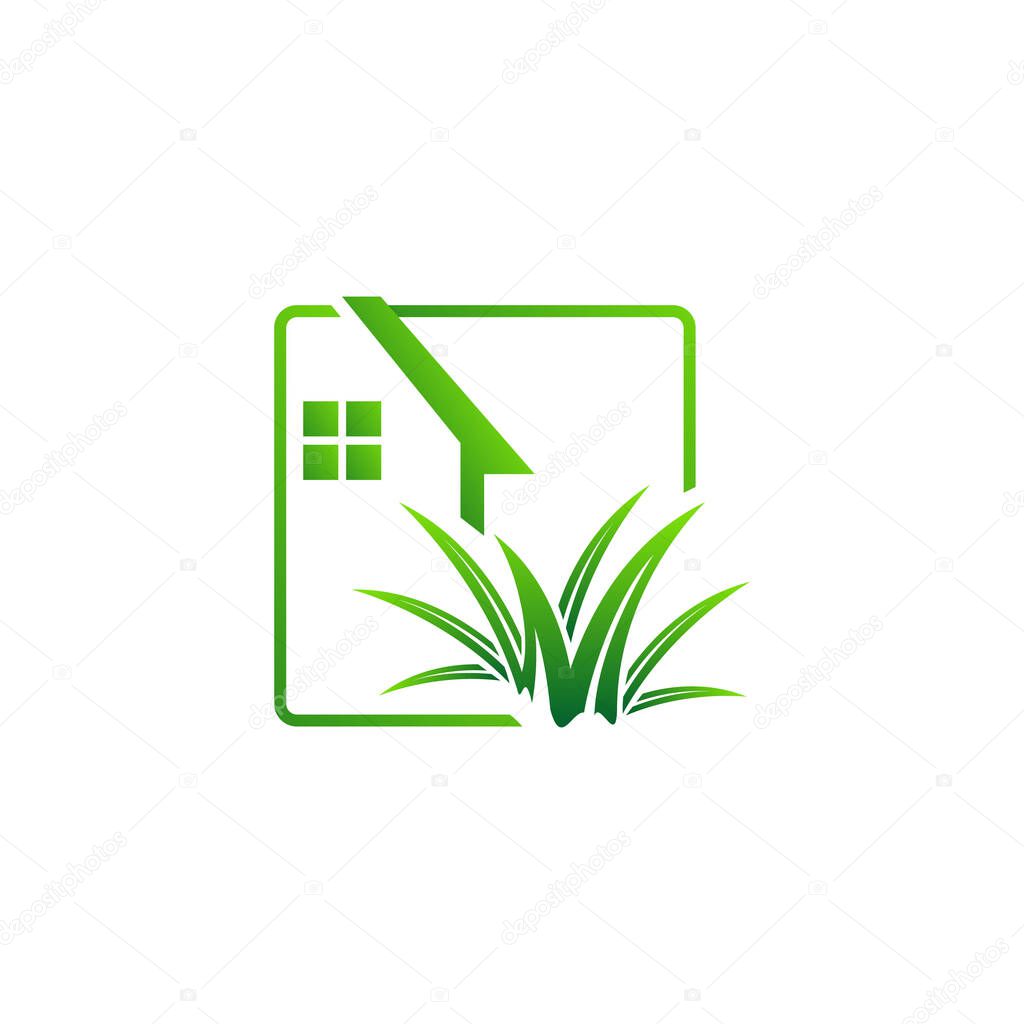 Gardening landscaping logo design vector lawn and house illustrations