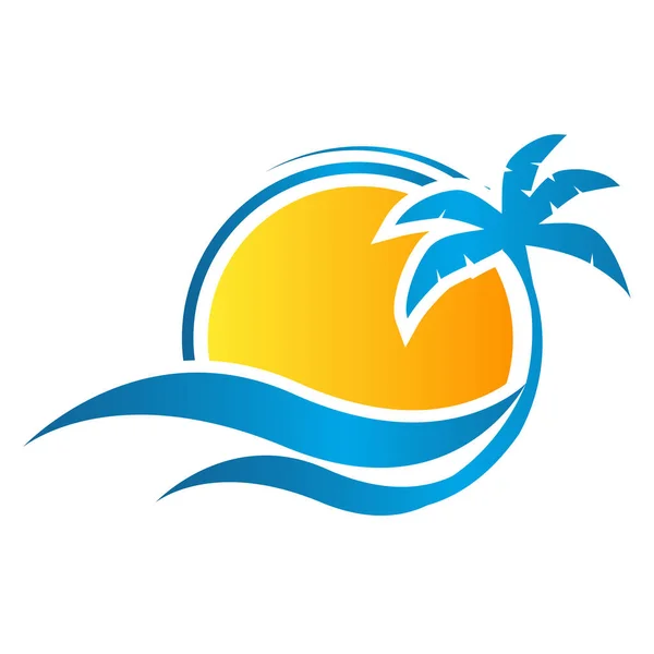 Tropical Été Emblème Plage Logo Design Vacances Avec Soleil Vague — Image vectorielle