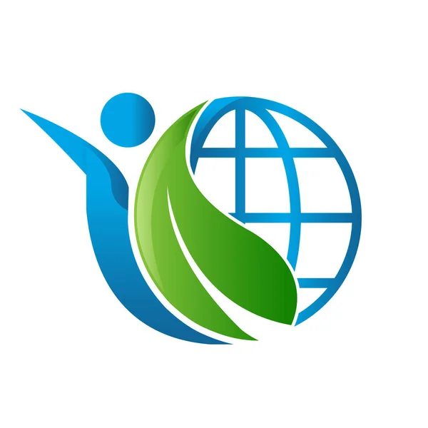 Jord Människa Och Blad För Världsmiljö Förnybar Grön Energi Logotyp — Stock vektor