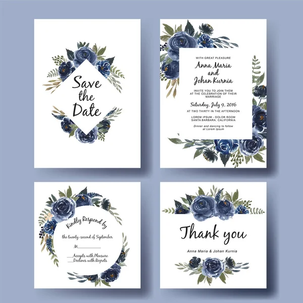 Conjunto de invitación de boda de ramo de flores de acuarela azul marino — Archivo Imágenes Vectoriales