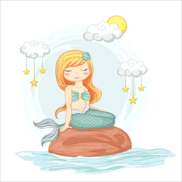 Vector illustration of cute mermaid sitting on a rock with clouds and stars hand drawn. — Stock Vector