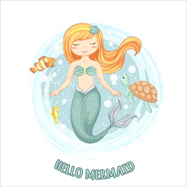 Vector illustration of cute mermaid with turtle, sea horse and small fish hand drawn. — Stock Vector
