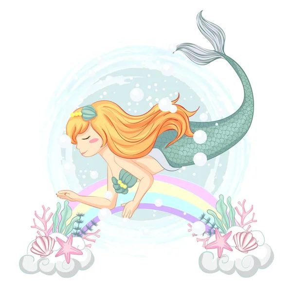 Vector illustration of cute mermaid with rainbows and coral shell plants hand draw . — Stock Vector