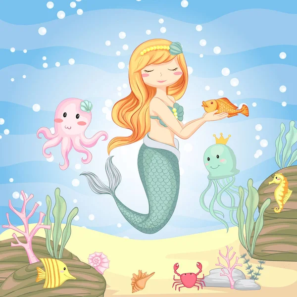 Vector illustration of cute mermaid under sea plants and shellfish hand drawn. — Stock Vector