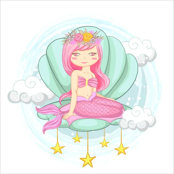 Vector illustration of a cute little mermaid sitting inside a clam with star and cloud — Stock Vector