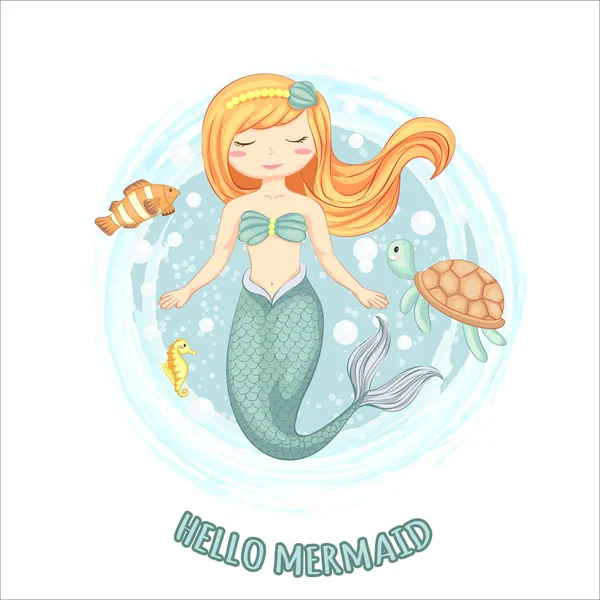 Ilustrasi vektor putri duyung lucu dengan kura-kura, kuda laut dan tangan ikan kecil digambar  . Stok Ilustrasi Bebas Royalti