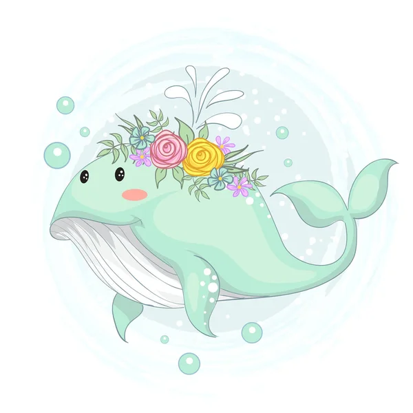 Vector Illustration Cute Whale Flower Crown Hand Draw — Stock Vector