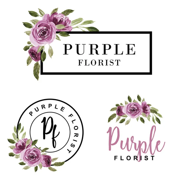 Set di logo femminile acquerello fiore viola . — Vettoriale Stock