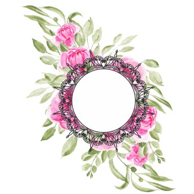 Mandala çerçeveli pembe şakayık çiçekleri