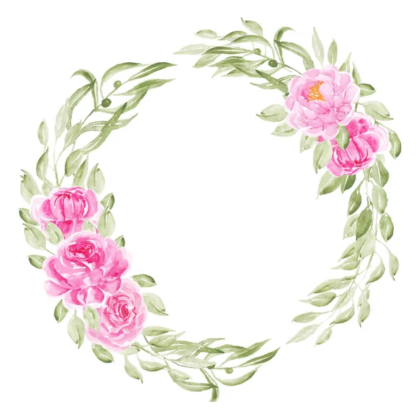 Rosa peonia acquerello fiori ghirlanda — Vettoriale Stock