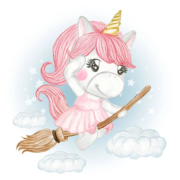 Linda Chica Unicornio Montando Una Escoba Voladora — Vector de stock