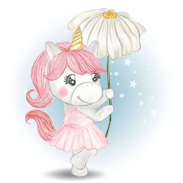 Linda Chica Unicornio Llevando Flores Blancas — Vector de stock