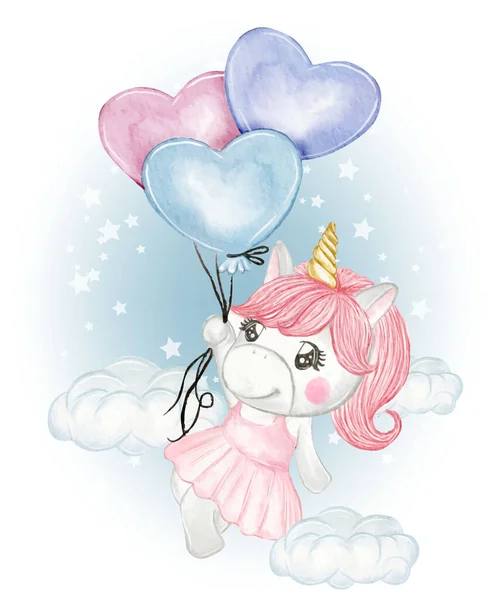 Cute Unicorn Girl Fly Love Balloon — Stock Vector