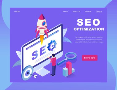 Seo iniş sayfası izometrik vektör illüstrasyonu